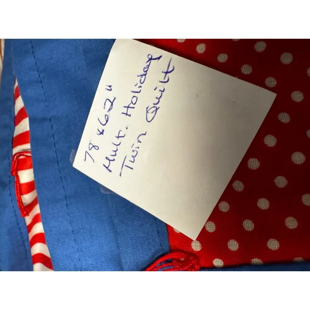 Vintage Handmade Hand-Tied Patchwork Quilt Twin 78x62 Scrappy Red Blue Cotton